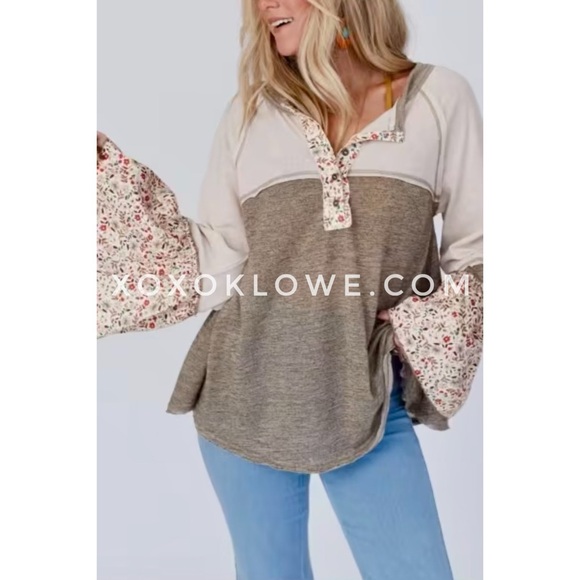 POL Olive + Cream Floral Sleeve Half Button Henley Top - Picture 15 of 16